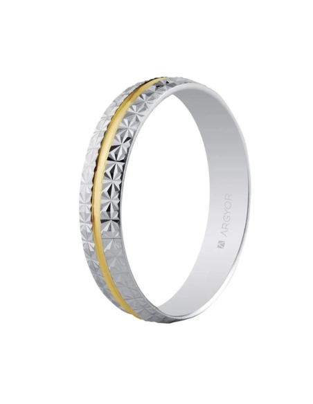 Alianza de boda bicolor en oro de 9k tallada a diamante