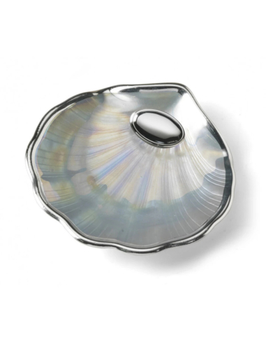 Concha de Bautismo Cristal Nacarado con Borde y Placa de Plata Bilaminada Personalizable