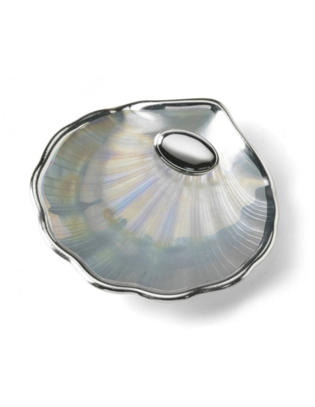 Concha de Bautismo Cristal Nacarado con Borde y Placa de Plata Bilaminada Personalizable