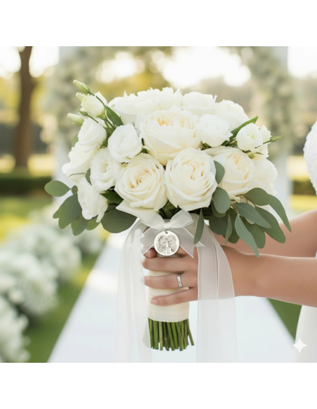 Medalla ramo de novia fotograbado y frase doble cara-ramo